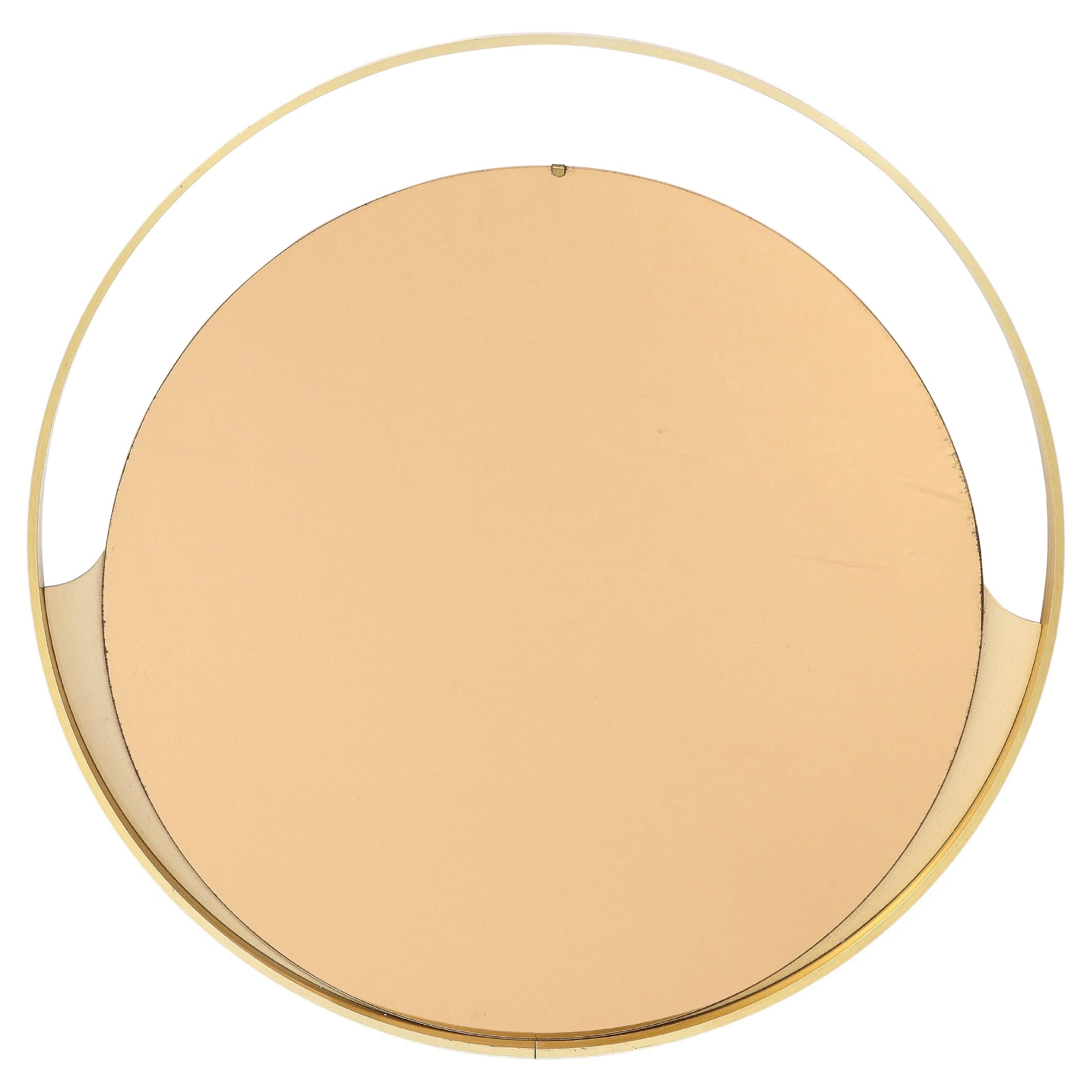 1970s Italian Modernist Brass and Rose Gold Round Mirror For Sale