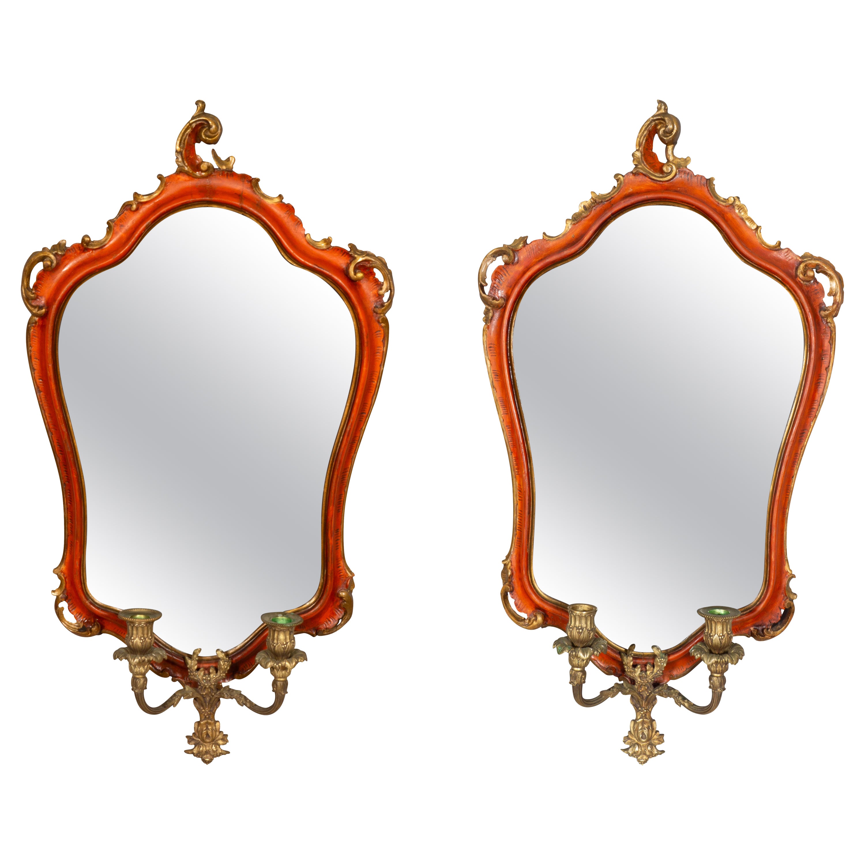 Pair Of Italian Red Painted Girandole Mirrors For Sale