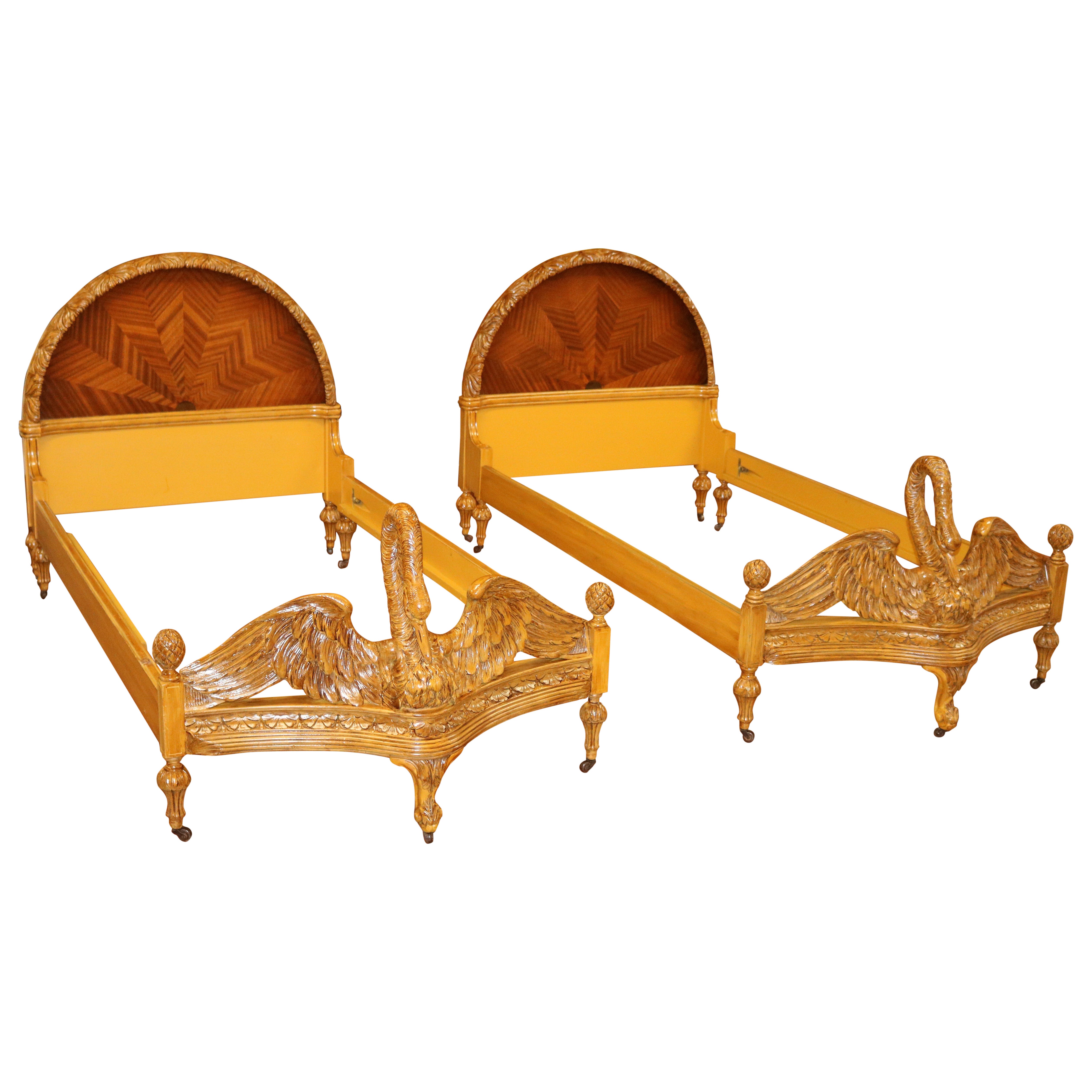 Pair of Swan Carved Paint Decorated & Inlaid Kingwood Twin Beds Circa 1920 For Sale