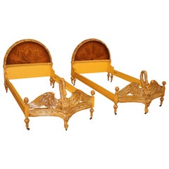 Pair of Swan Carved Paint Decorated & Inlaid Kingwood Twin Beds Circa 1920