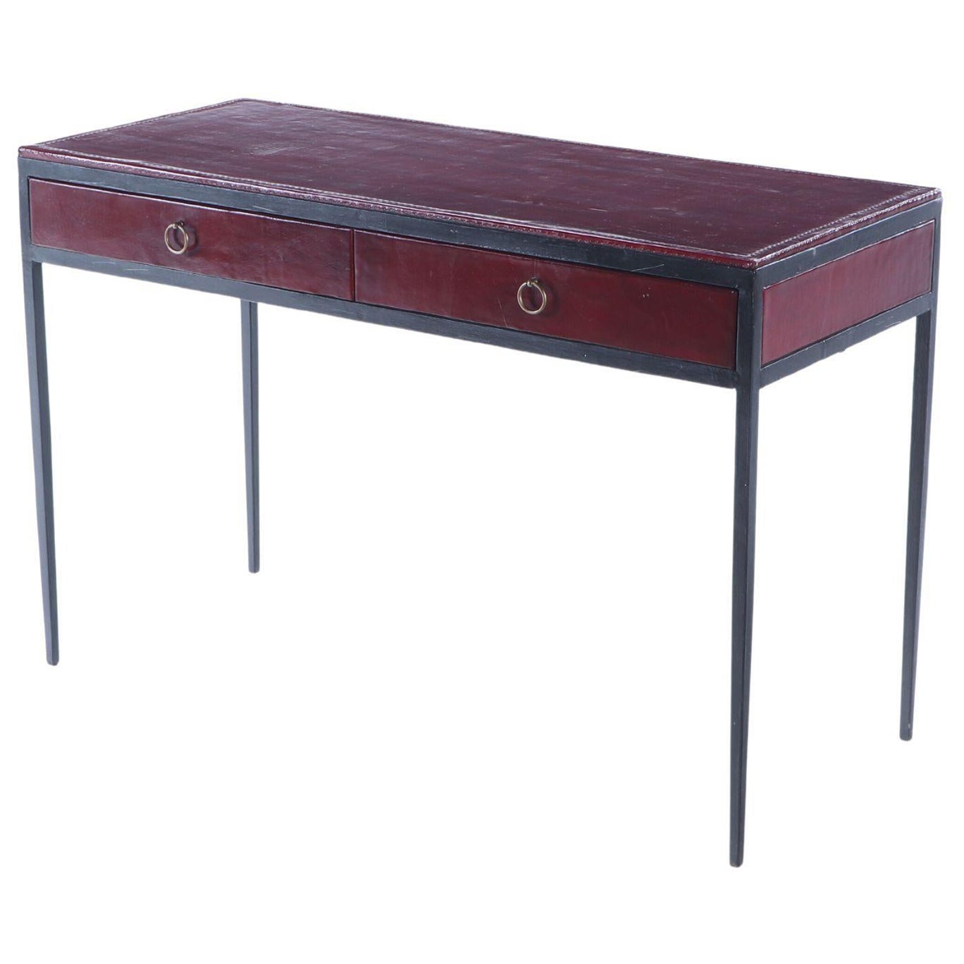 Iron and red leather writing desk with two drawers, manner of Jean-Micheal Frank For Sale