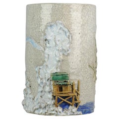 Artist Liang Ju Cheng Chinese Porcelain Proc Bitong Brushpot Water Lands, ca1980