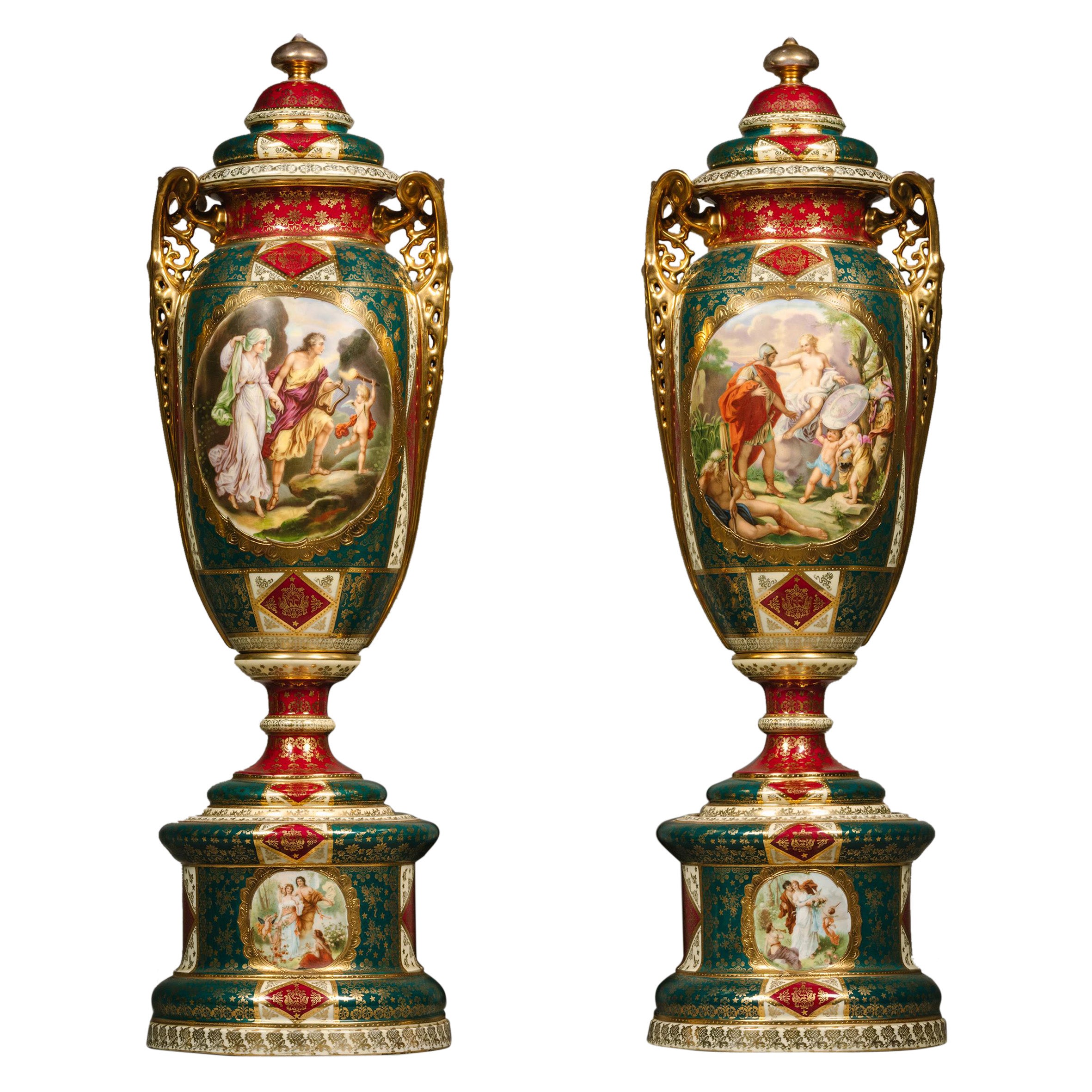 Pair of Vienna Style Porcelain Vases and Covers For Sale