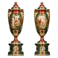 Used Pair of Vienna Style Porcelain Vases and Covers