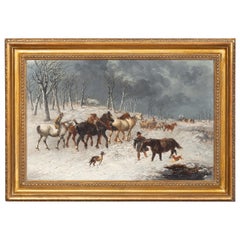 Used Framed Oil On Canvas Winter Horse Scene By John F Herring