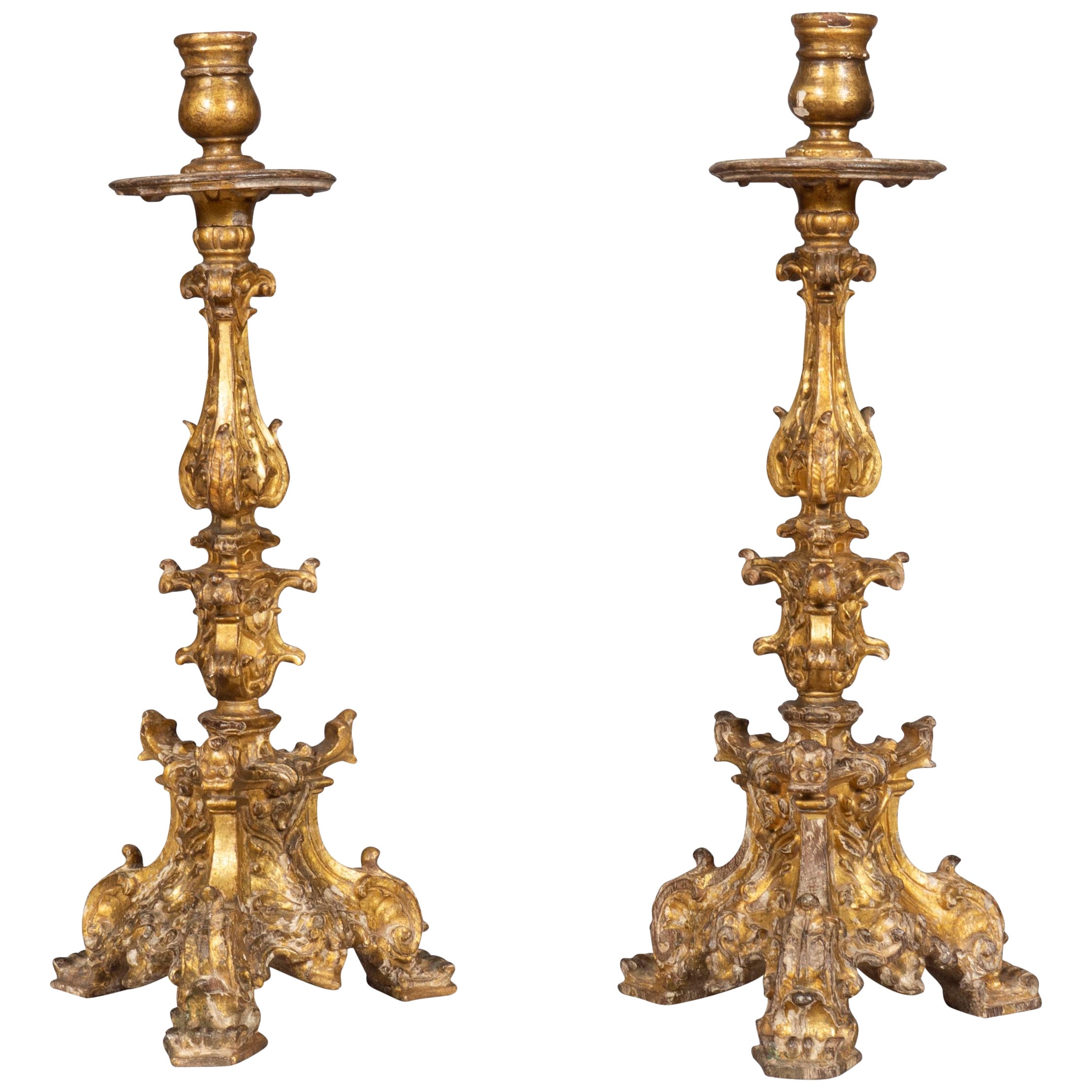 Pair Of Italian Baroque Giltwood Candlesticks For Sale