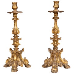 Pair Of Italian Baroque Giltwood Candlesticks