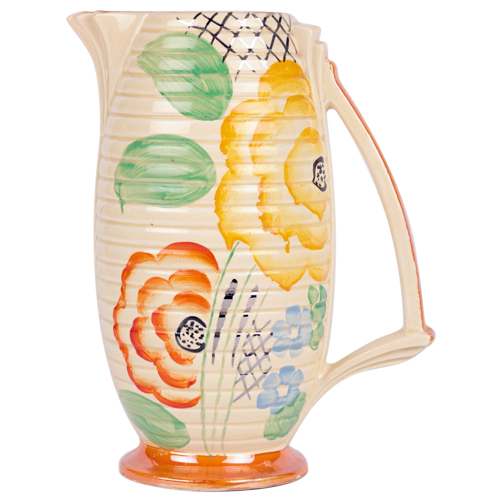Wadeheath Art Deco Floral Painted Pottery Jug For Sale