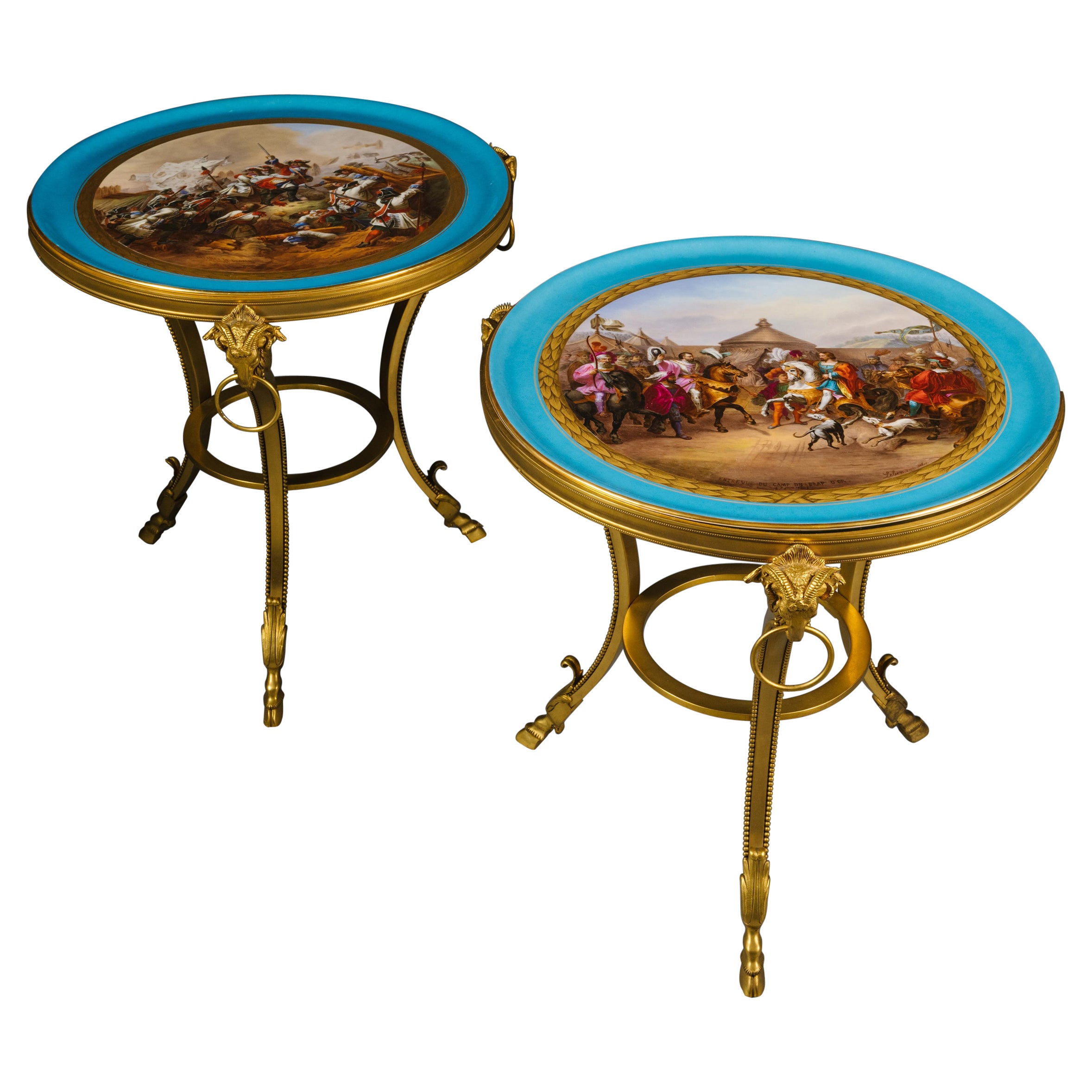 A Pair of Louis XVI Style Gilt-Bronze and Porcelain Low Side Tables For Sale