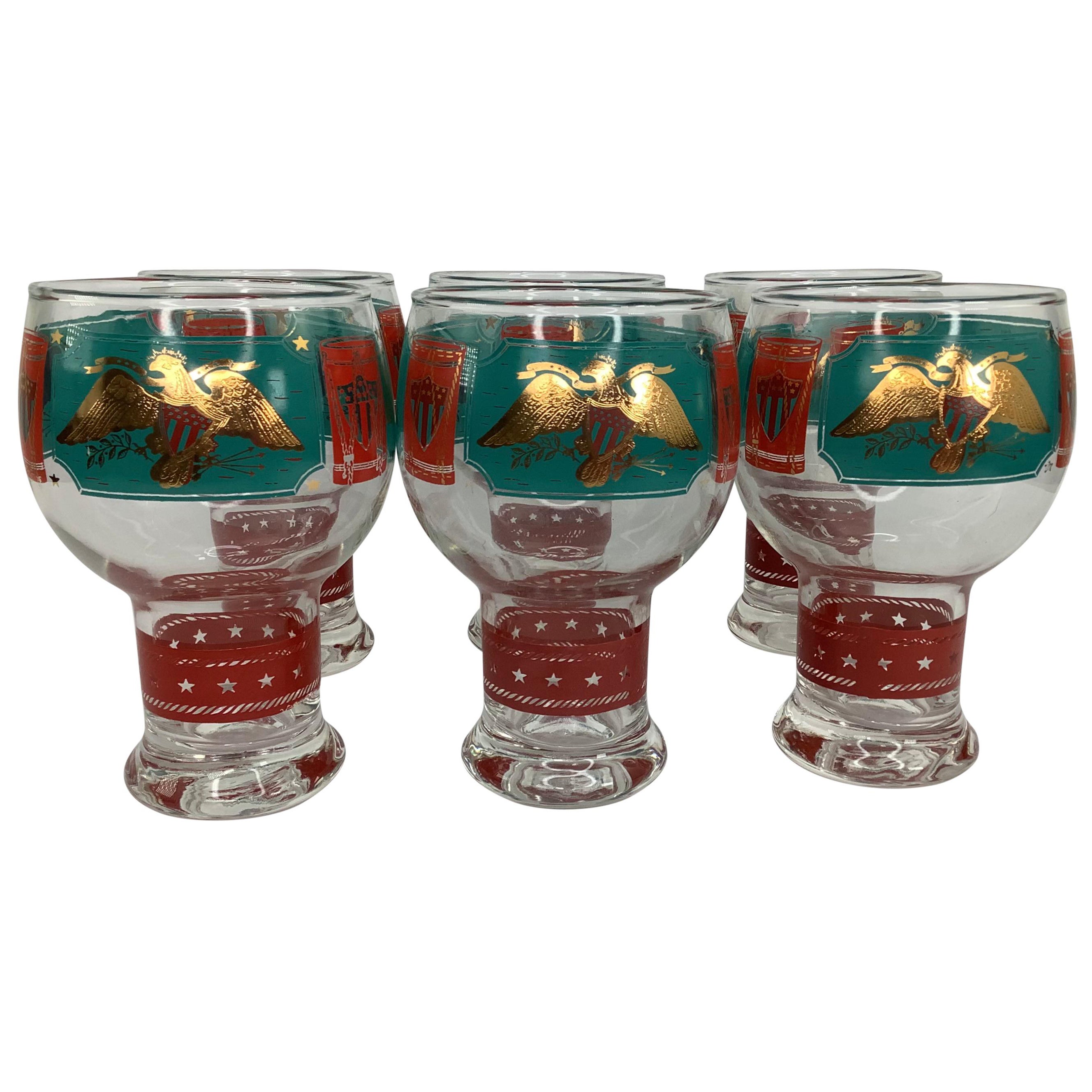 Set of 6 Vintage Cera Patriotic Drum Beer Glasses in Teal & Red Enamel  For Sale
