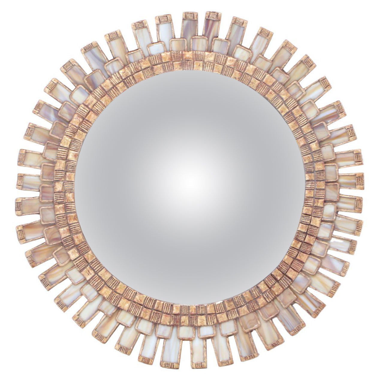 A wood and resin convex mirror having a geometric border of ivory colored glass 