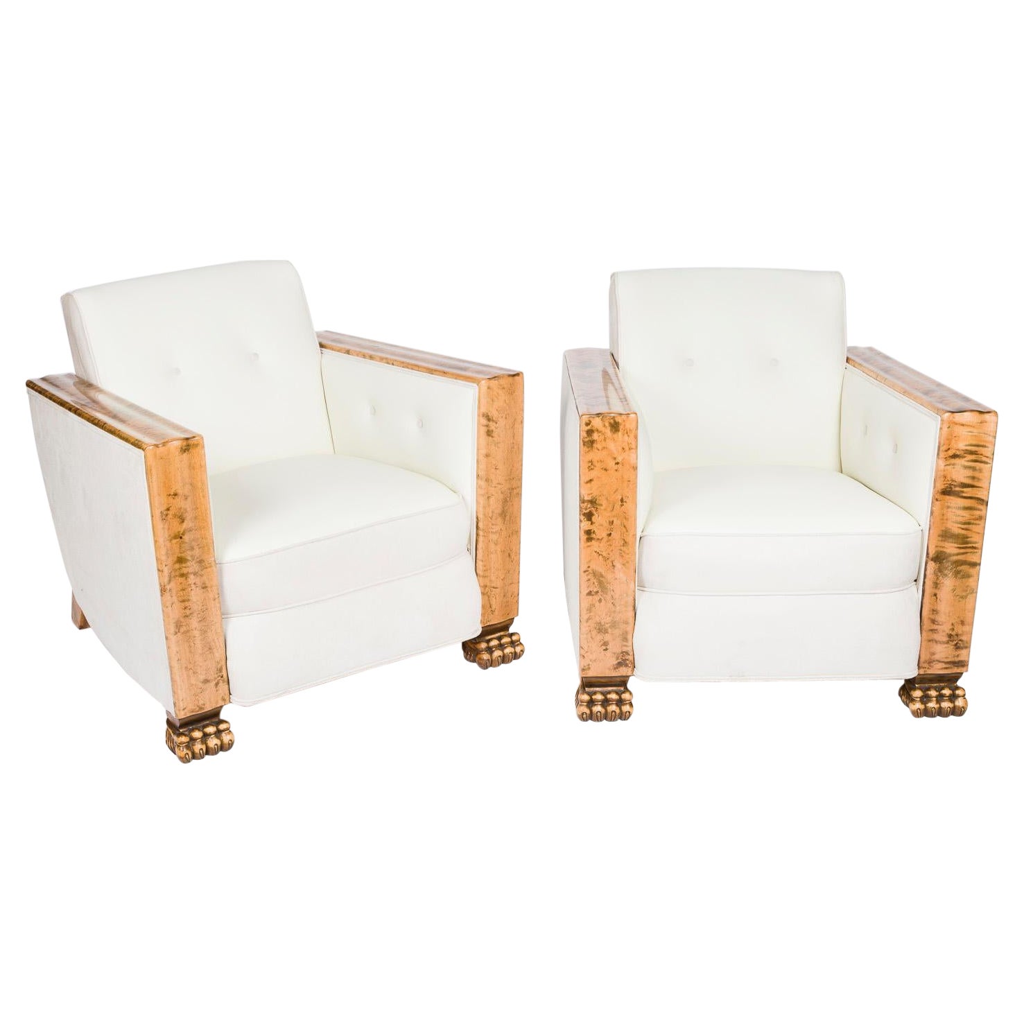 Pair of satin birch Art Deco armchairs For Sale