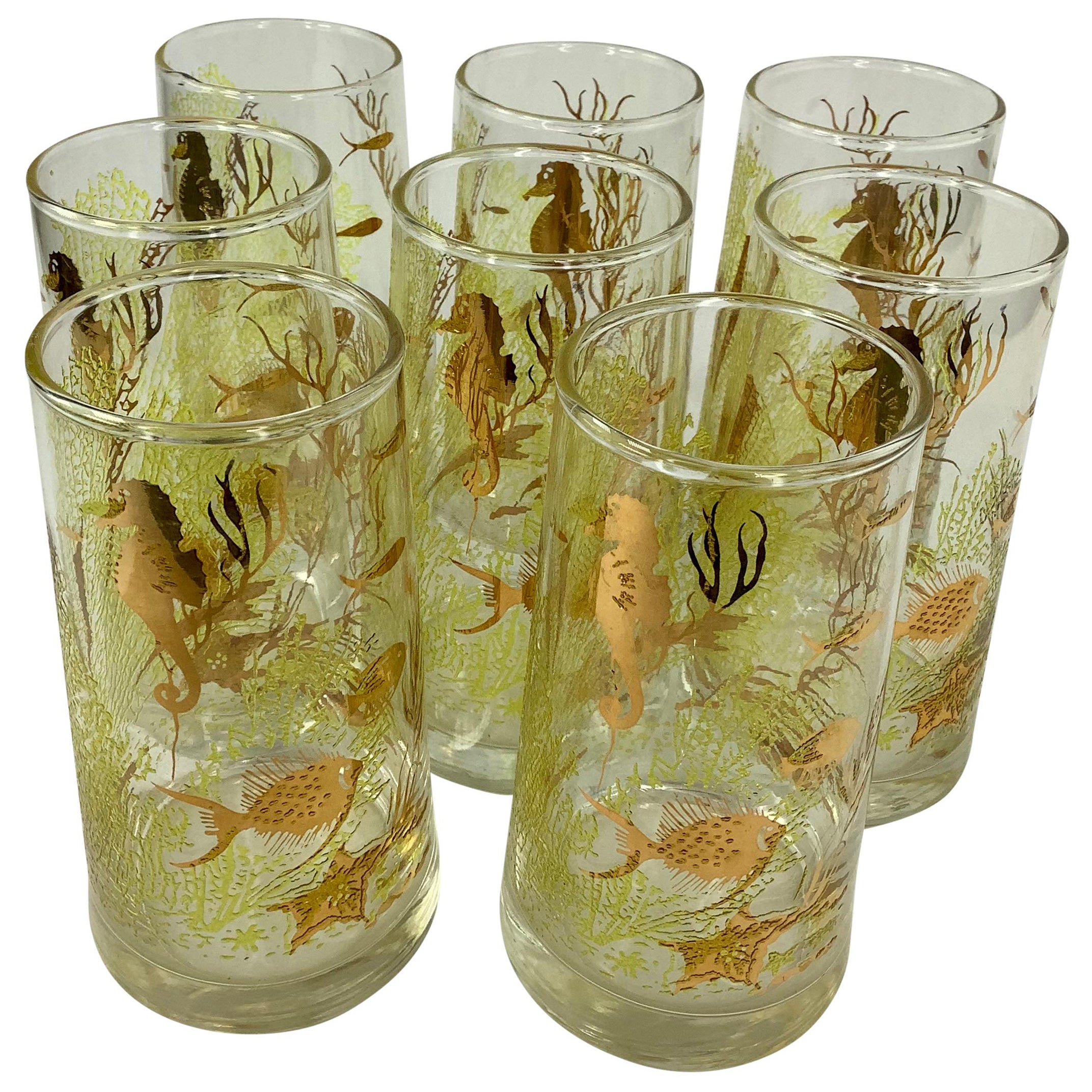  Set of 8 Vintage Libbey Marine Life Highball Glasses With Gilt Seahorses & Fish