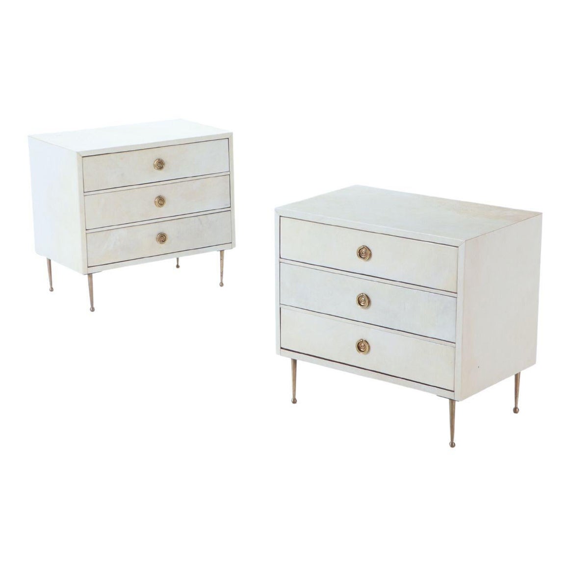 Pair parchment covered nightstands having three drawers For Sale
