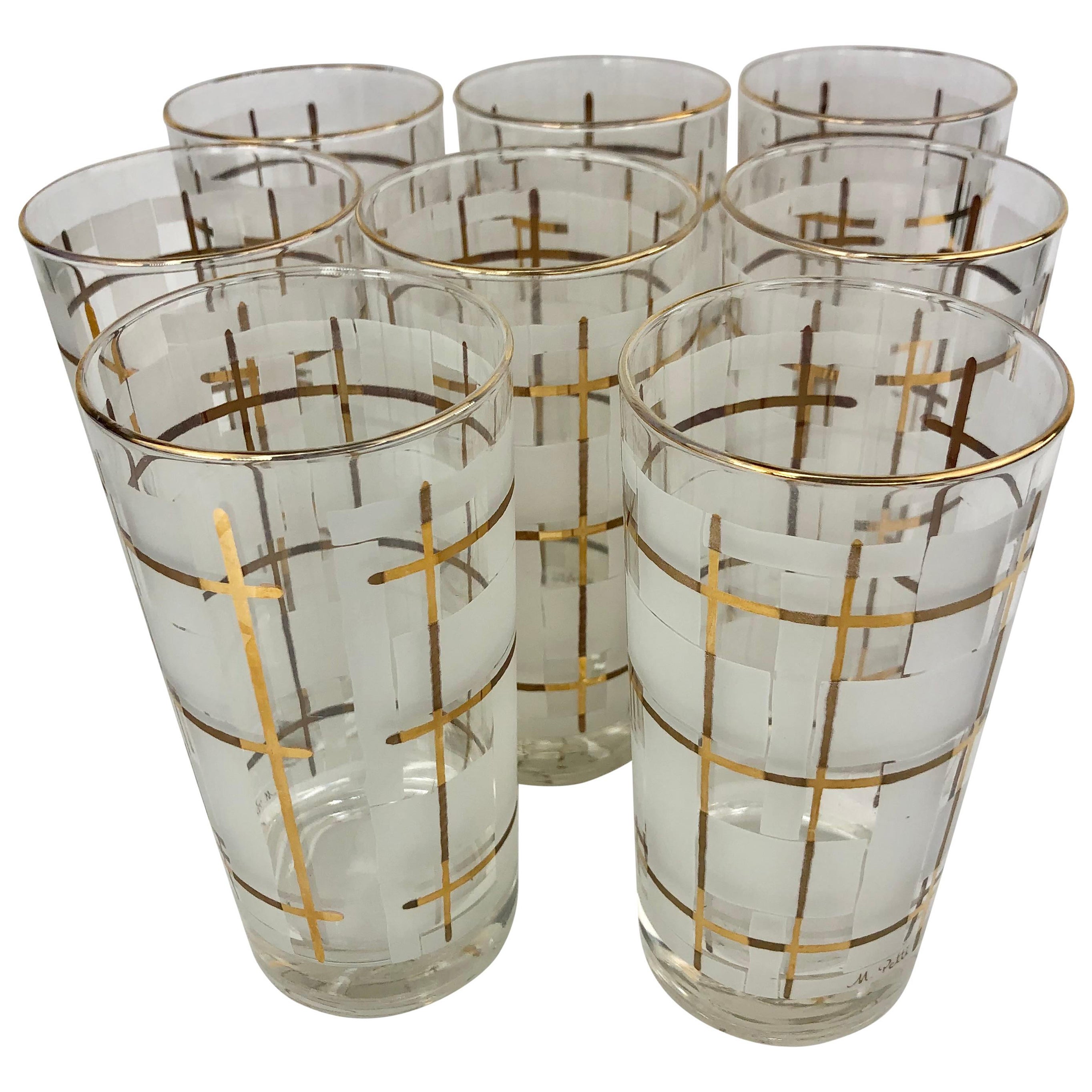 Ensemble de 8 verres longs vintage Libbey M. Petti signés avec décoration dorée en vente