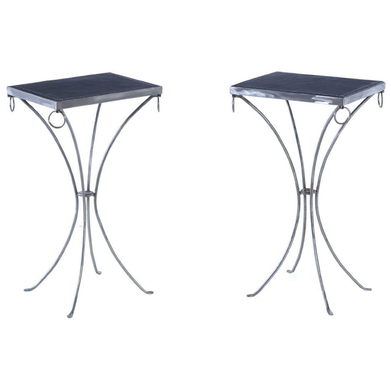 Pair polished iron drinks tables with ring decoration, distressed leather tops For Sale