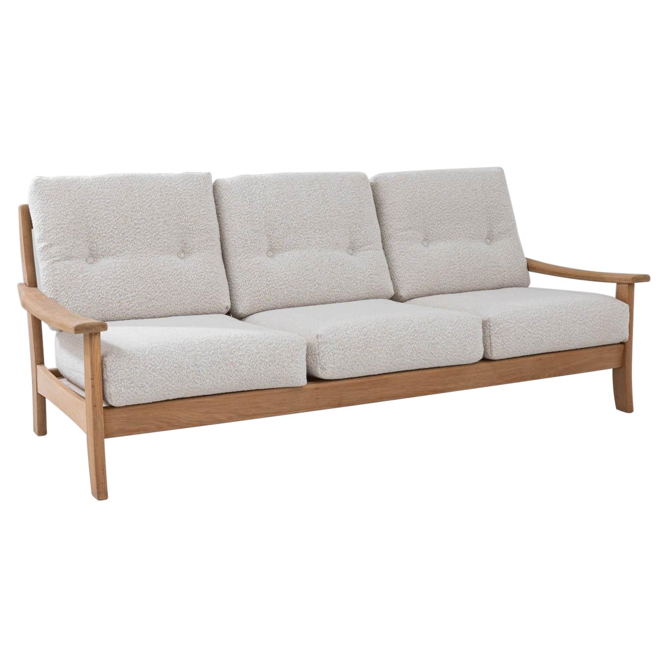 Mid-Century French Oak and Boucle Sofa For Sale