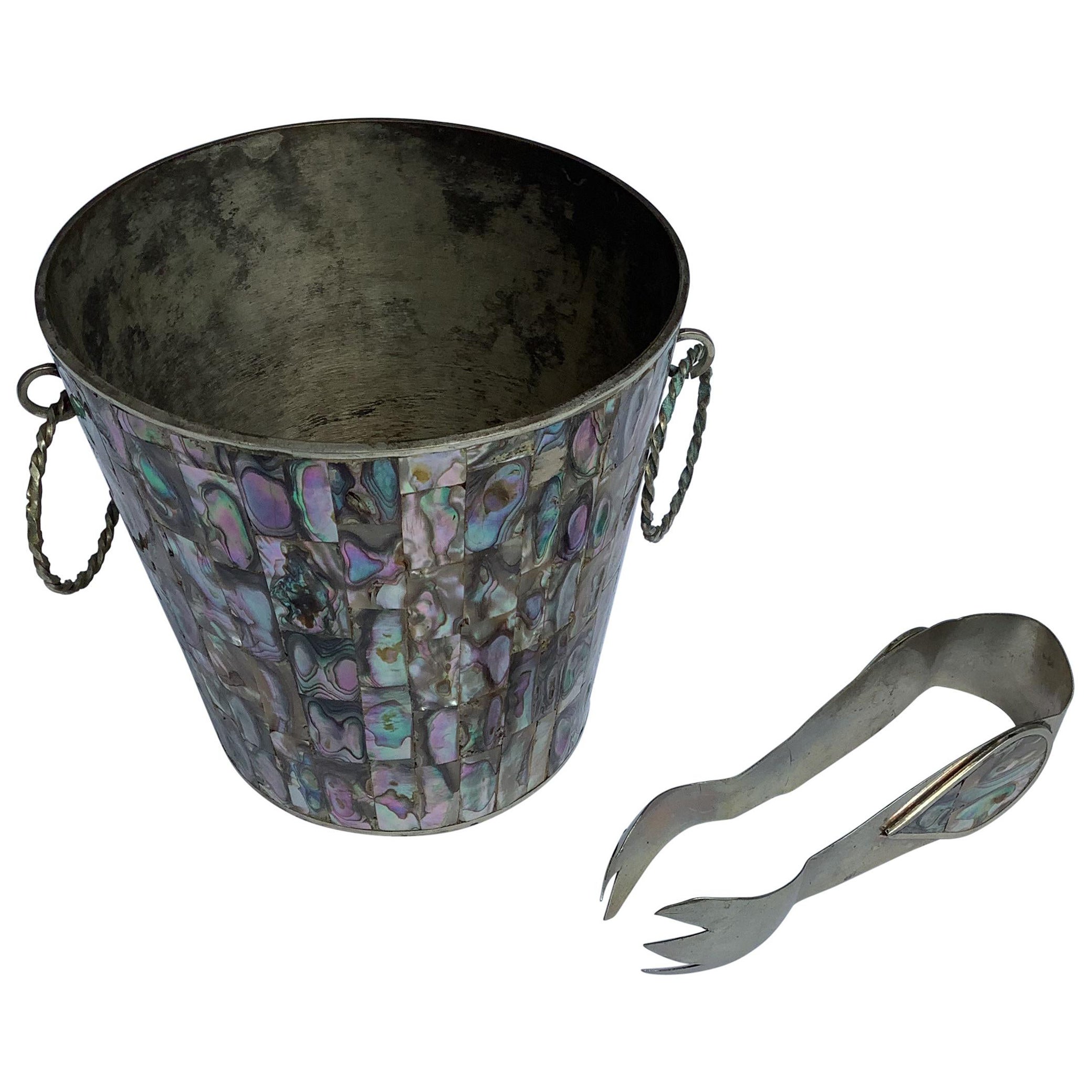 Vintage Mexican Abalone and Alpaca Silver Ice Bucket and Tongs For Sale