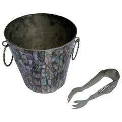 Retro Mexican Abalone and Alpaca Silver Ice Bucket and Tongs