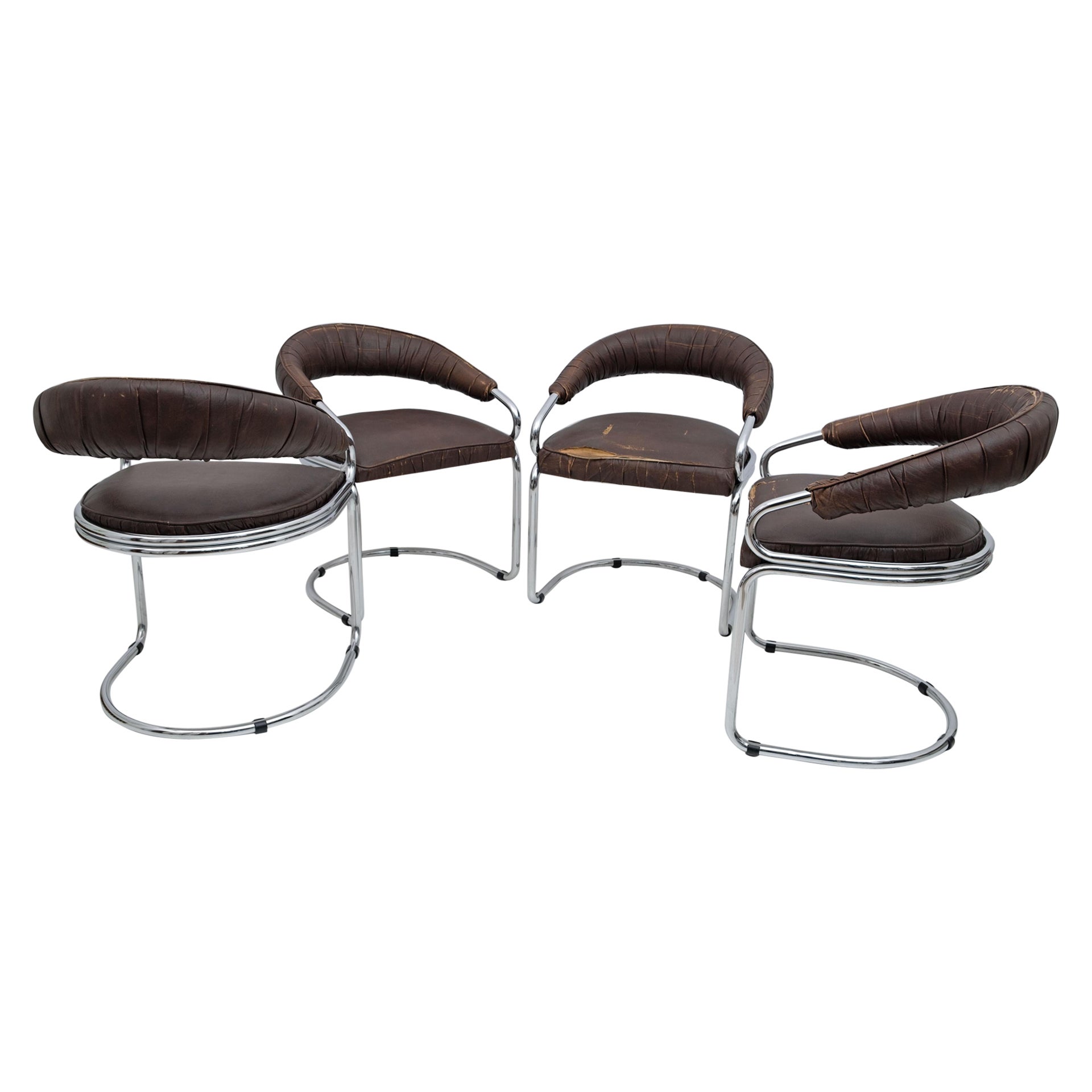 Set of Four Giotto Stoppino Modern Metal Chrome Dining Chairs for Kartell, 1970s For Sale