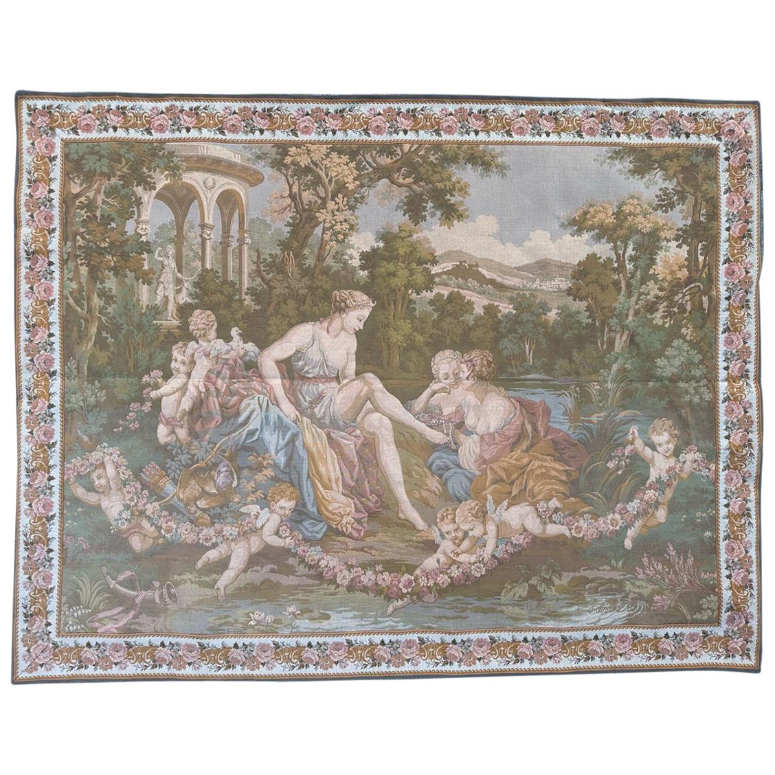 Bobyrug’s Pretty vintage Aubusson style Jaquar tapestry François Boucher design For Sale