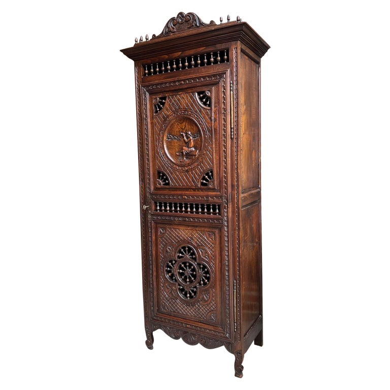 Antique French Carved Bonnetiere Armoire Cabinet Brittany Breton Ship  Spindle in vendita su 1stDibs