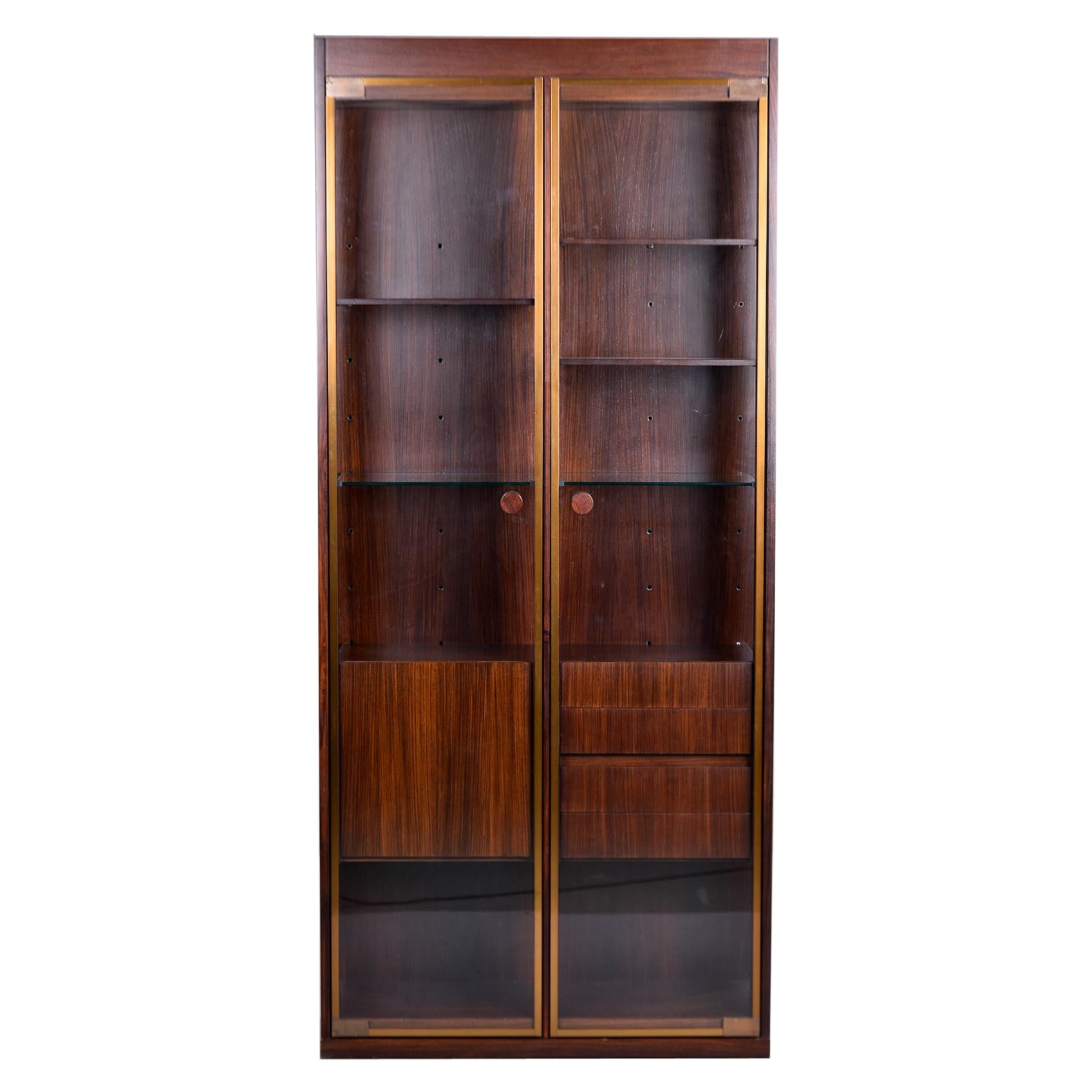 Tall Mid Century French Walnut Cabinet with Glass Doors For Sale