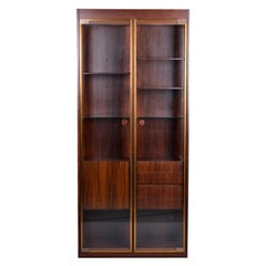 Tall Mid Century French Walnut Cabinet with Glass Doors