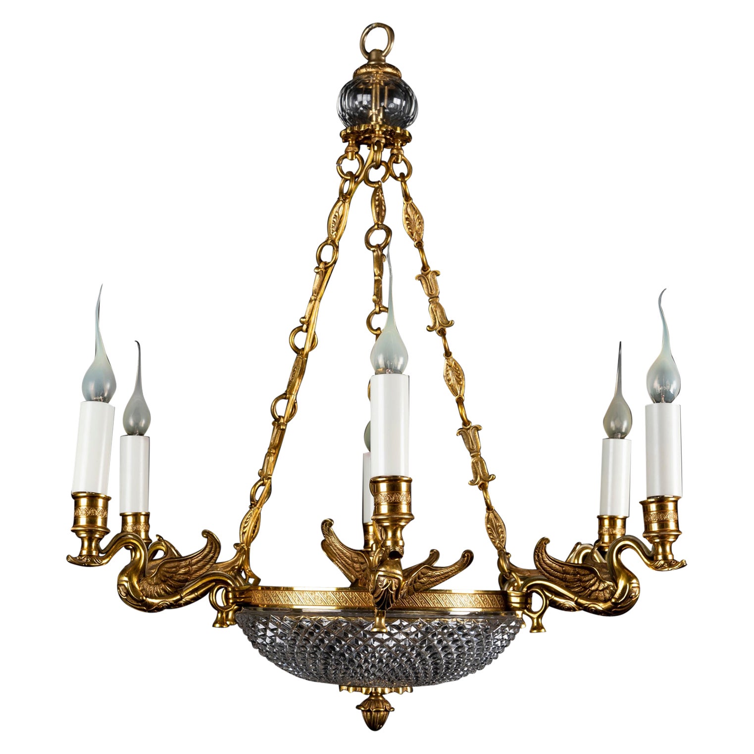 A Fine French Empire Style Gilt Bronze and Crystal Swan Chandelier For Sale