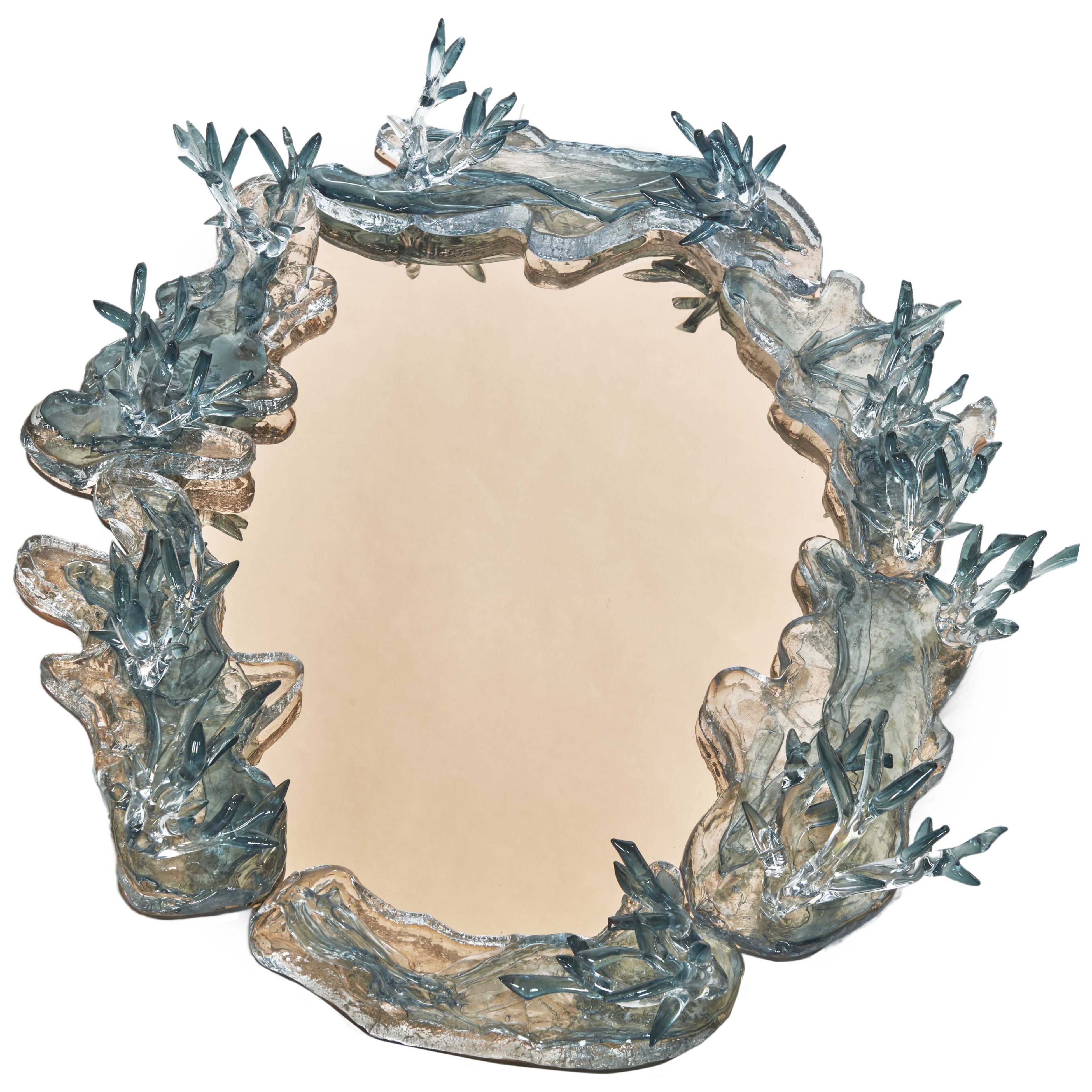 Pink Mirror With Green Decor by Emilie Lemardeley For Sale