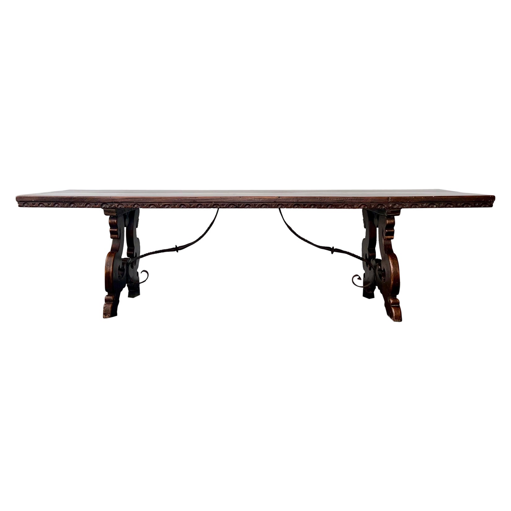 18th Century Florentine Italian Walnut Dining Table with Iron Stretcher 