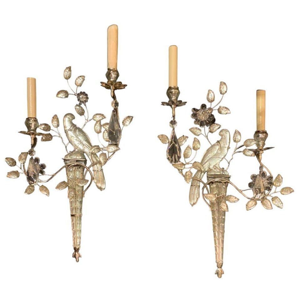 1930's French Bagues Silver Plated and Crystal Bird Sconces