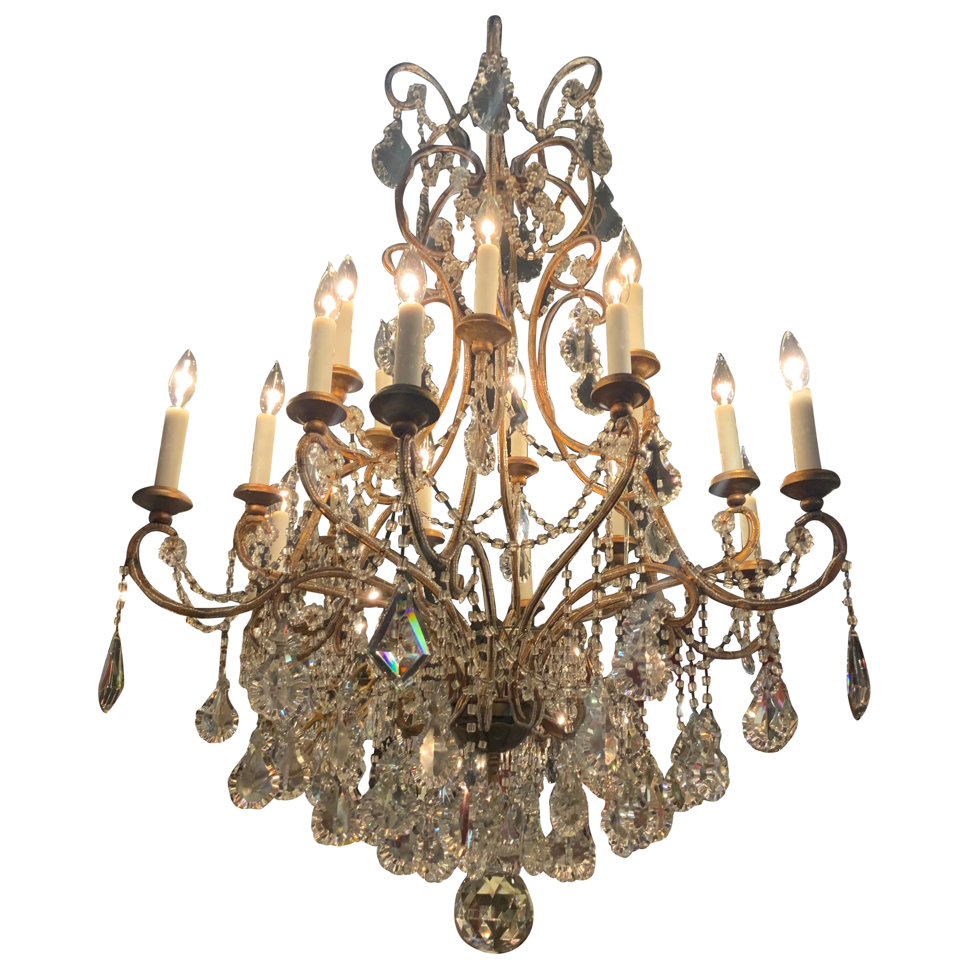 Sixteen light beaded and gilt metal chandelier  For Sale