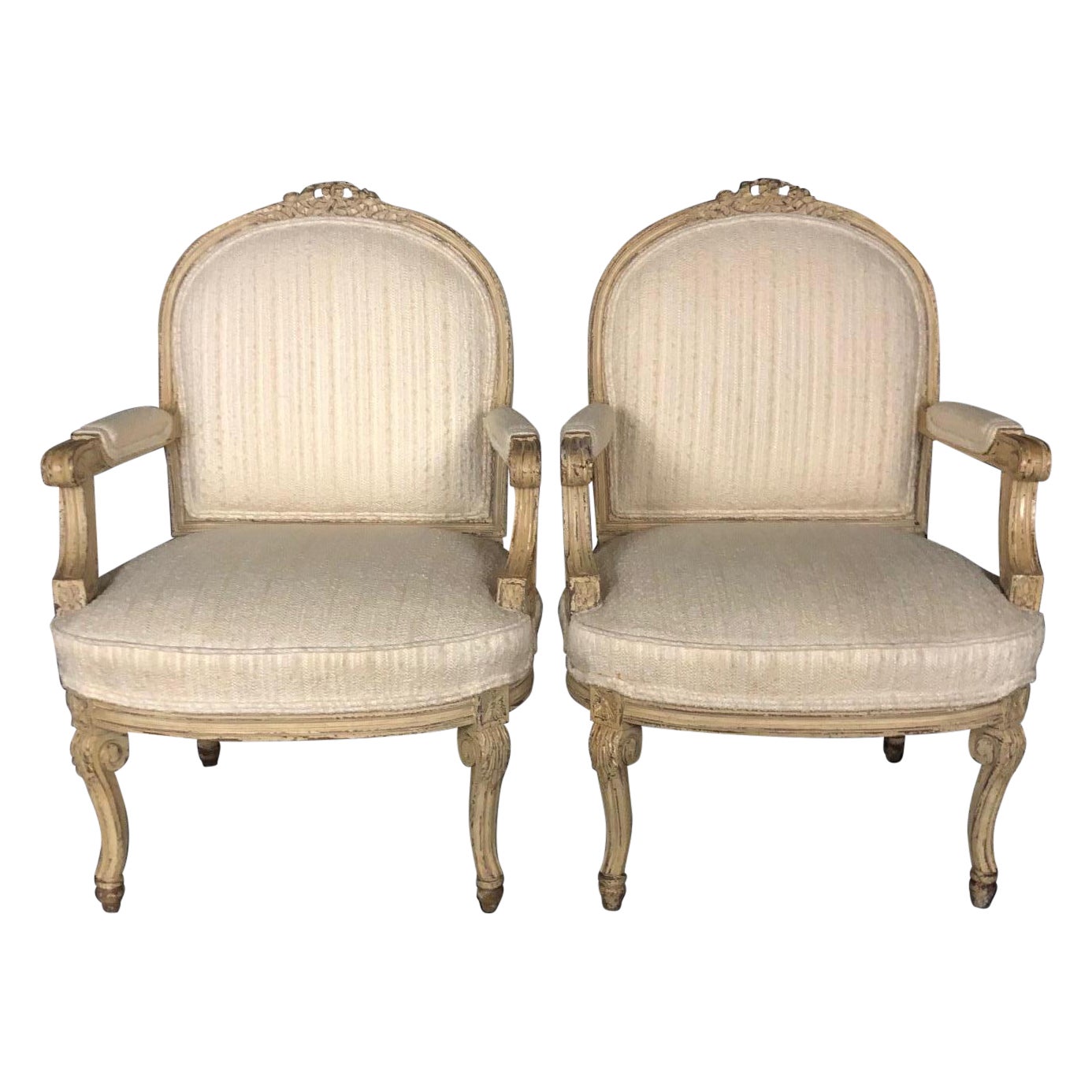 Pair of Louis XV Neoclassical Style Cream Painted French Bergere Arm Chairs For Sale