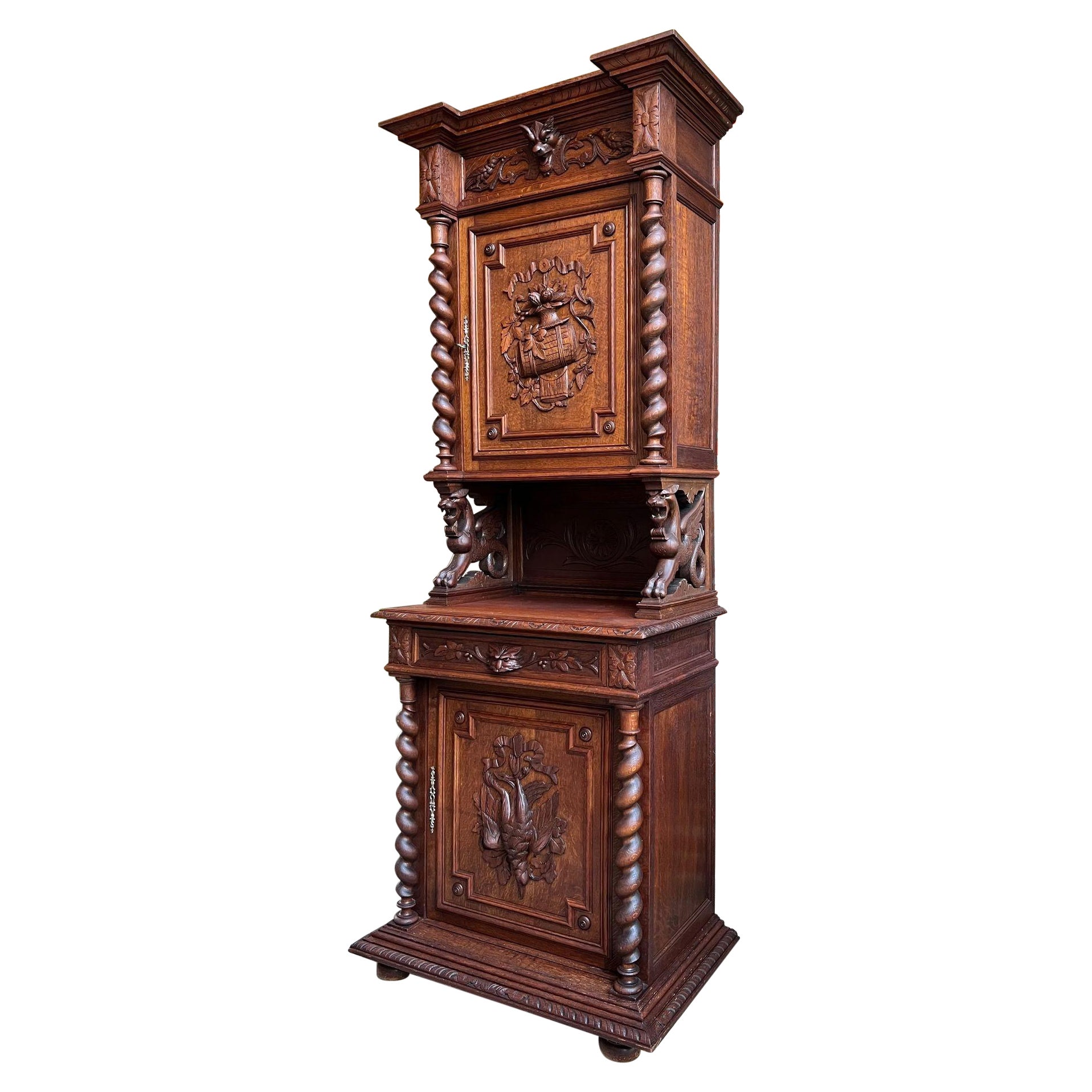 Antique French Hunt Cabinet Bookcase Barley Twist Black Forest Carved Baroque For Sale