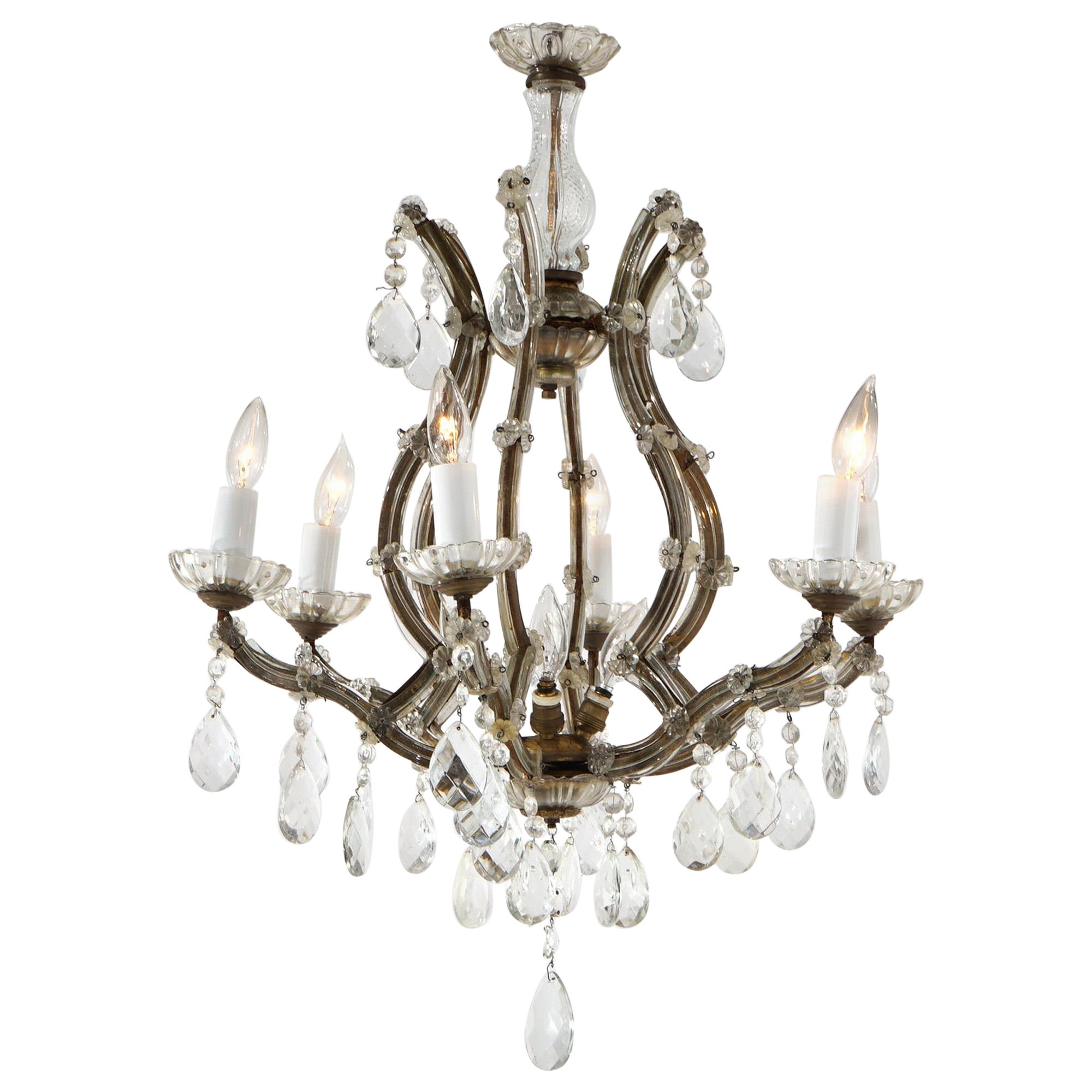 Antique French Style Gilt Metal & Crystal Chandelier Circa 1940 For Sale