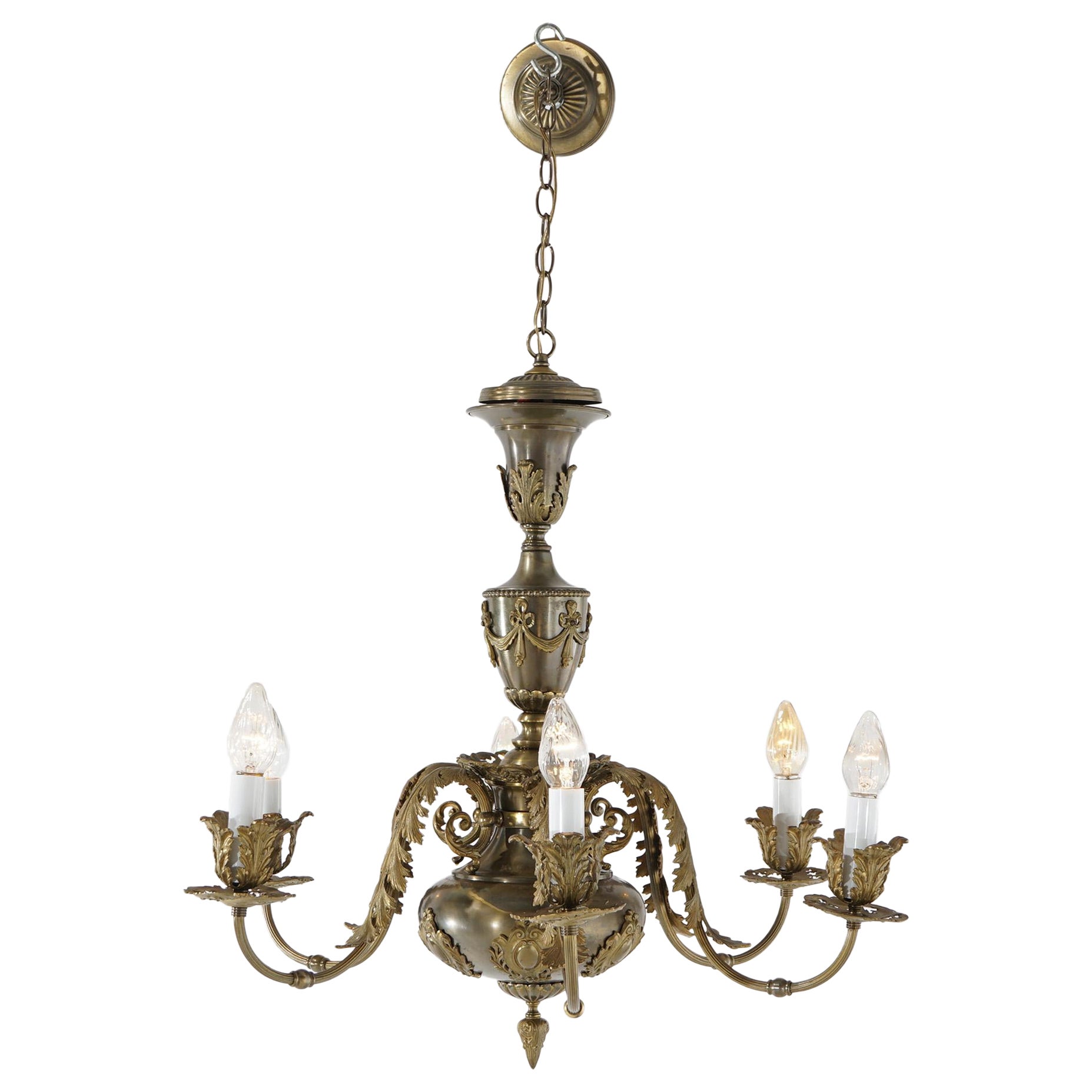 Oversized Antique Louis XV Style Brass & Bronze 6-Light Chandelier C1940