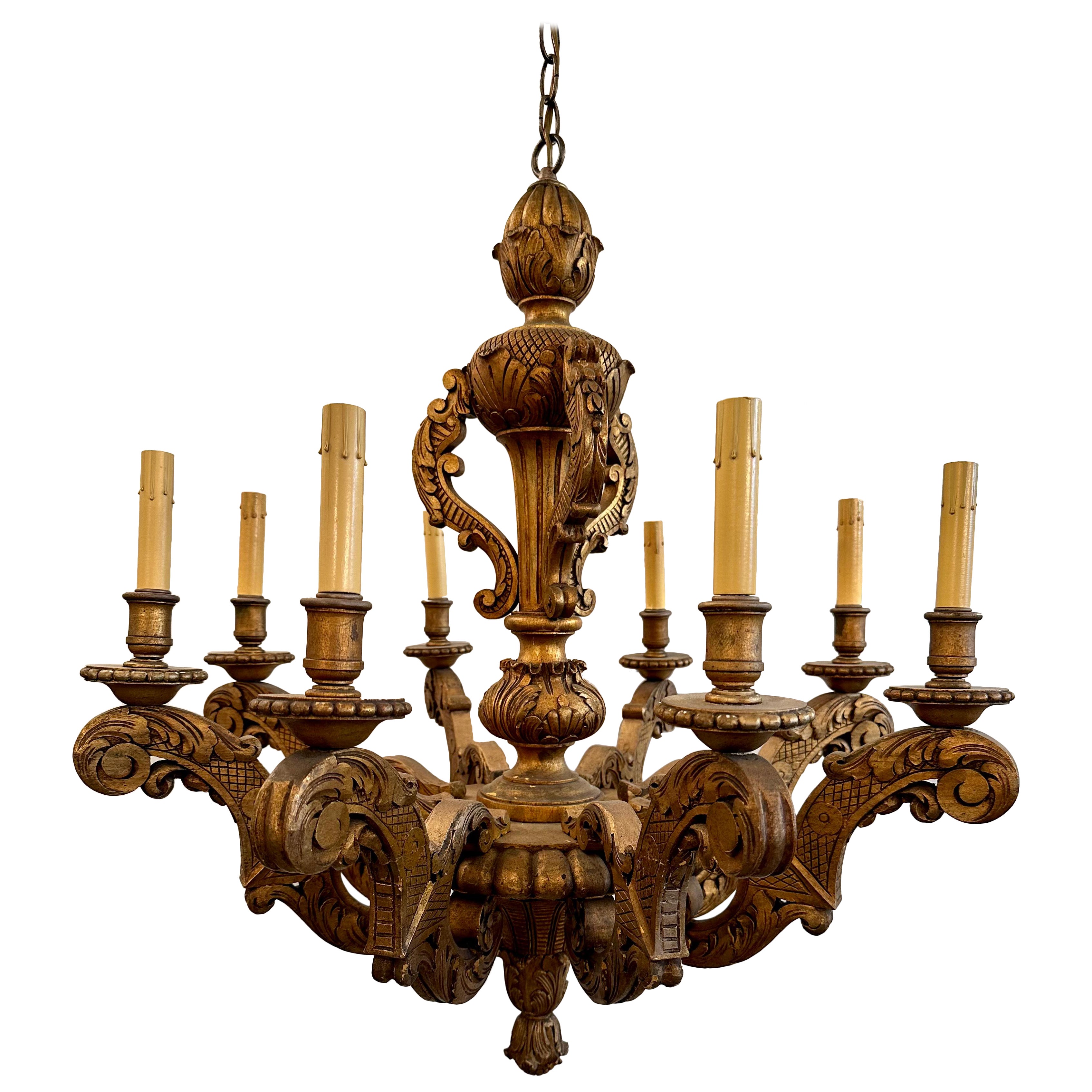 19th Century European Carved Wood Chandelier with Gilded Gold Original Finish  For Sale