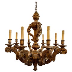 Antique 19th Century European Carved Wood Chandelier with Gilded Gold Original Finish 