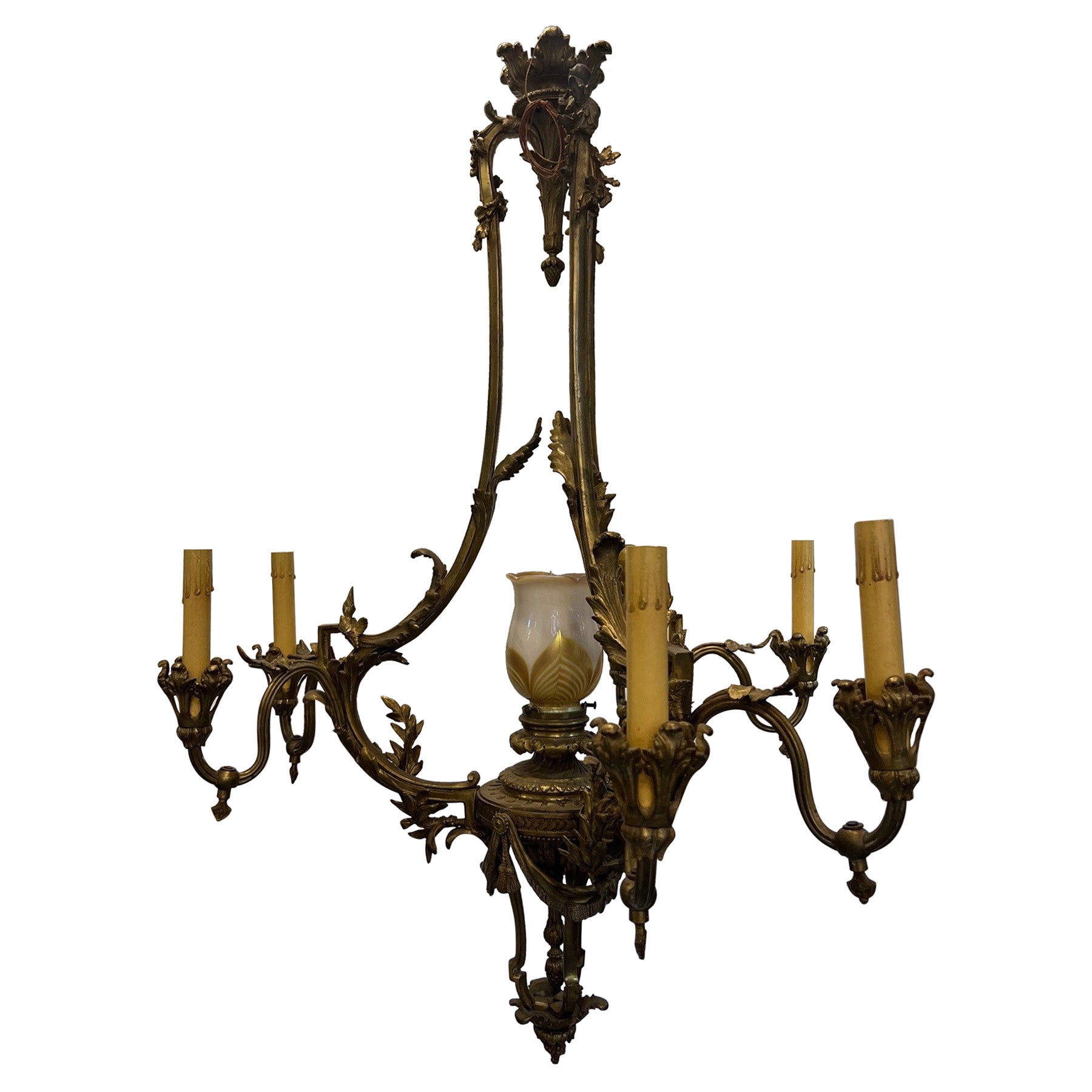 Antique Six Arm Bronze French Louis XV Style Chandelier with Center Glass Globe  For Sale