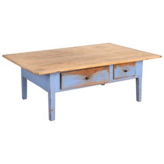 Antique Rustic Blue Painted Pine Coffee Table With Two Drawers, Sweden circa 1860-80