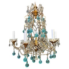 Lampadario francese degli anni '40 con cristalli chiari e blu