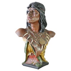 Antique Hiawatha Cigar Store Polychrome Plaster Bust of Indian  Warrior c1900