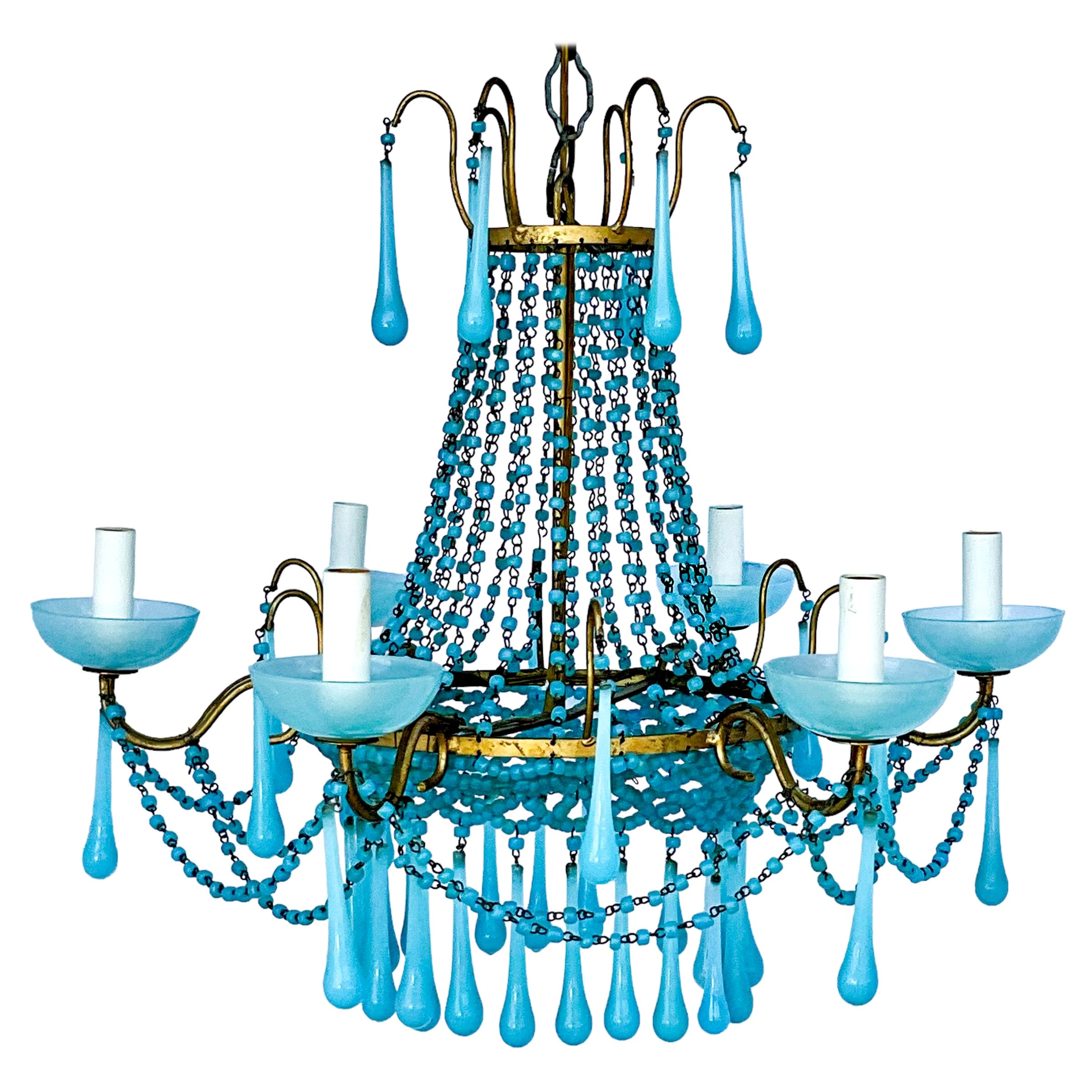 Late 20th Century Italian Turquoise Crystal & Gilt Metal Chandelier - 6 Arm  For Sale