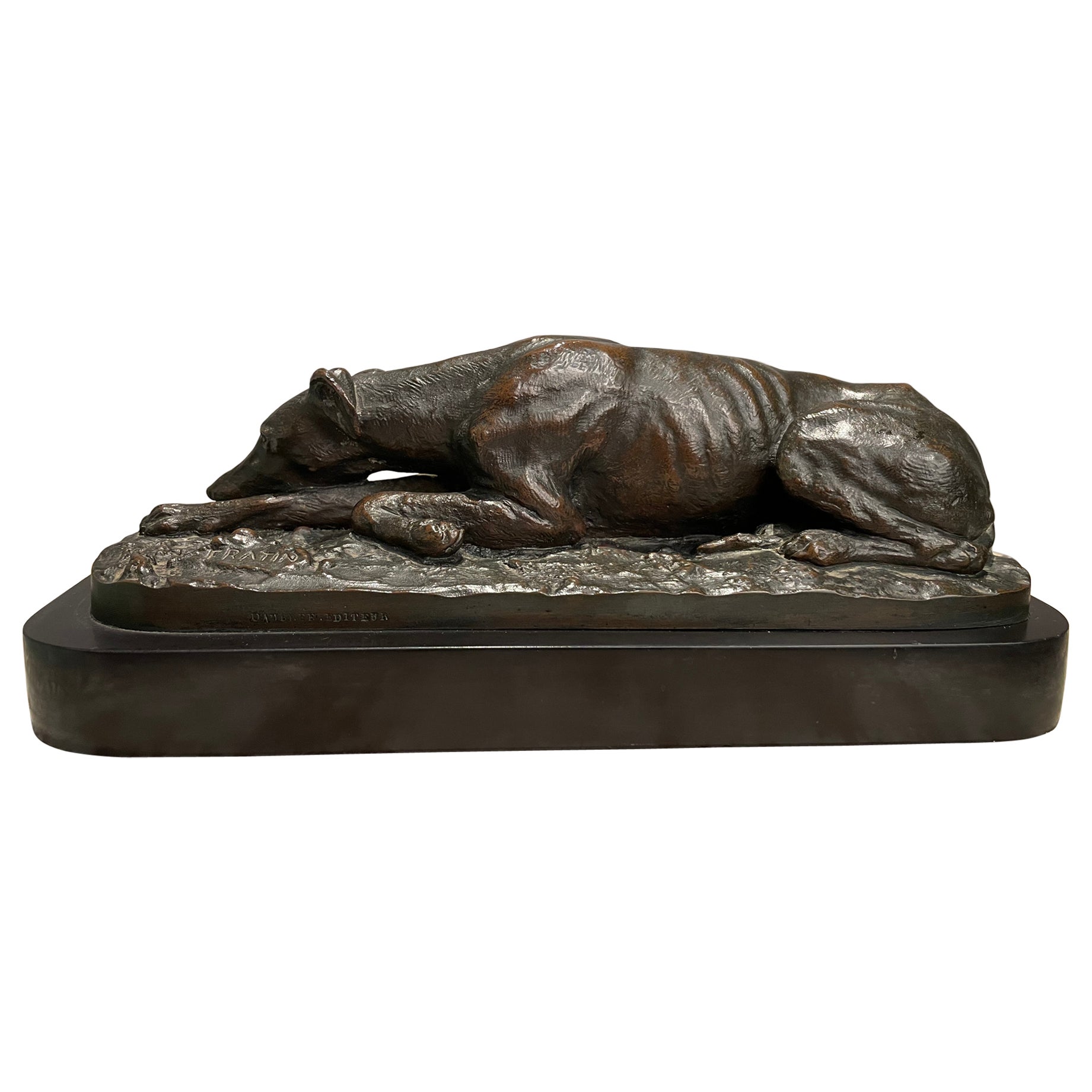 19th Century French Bronze Reclining Greyhound by Christopher Fratin, 1801-1864 For Sale