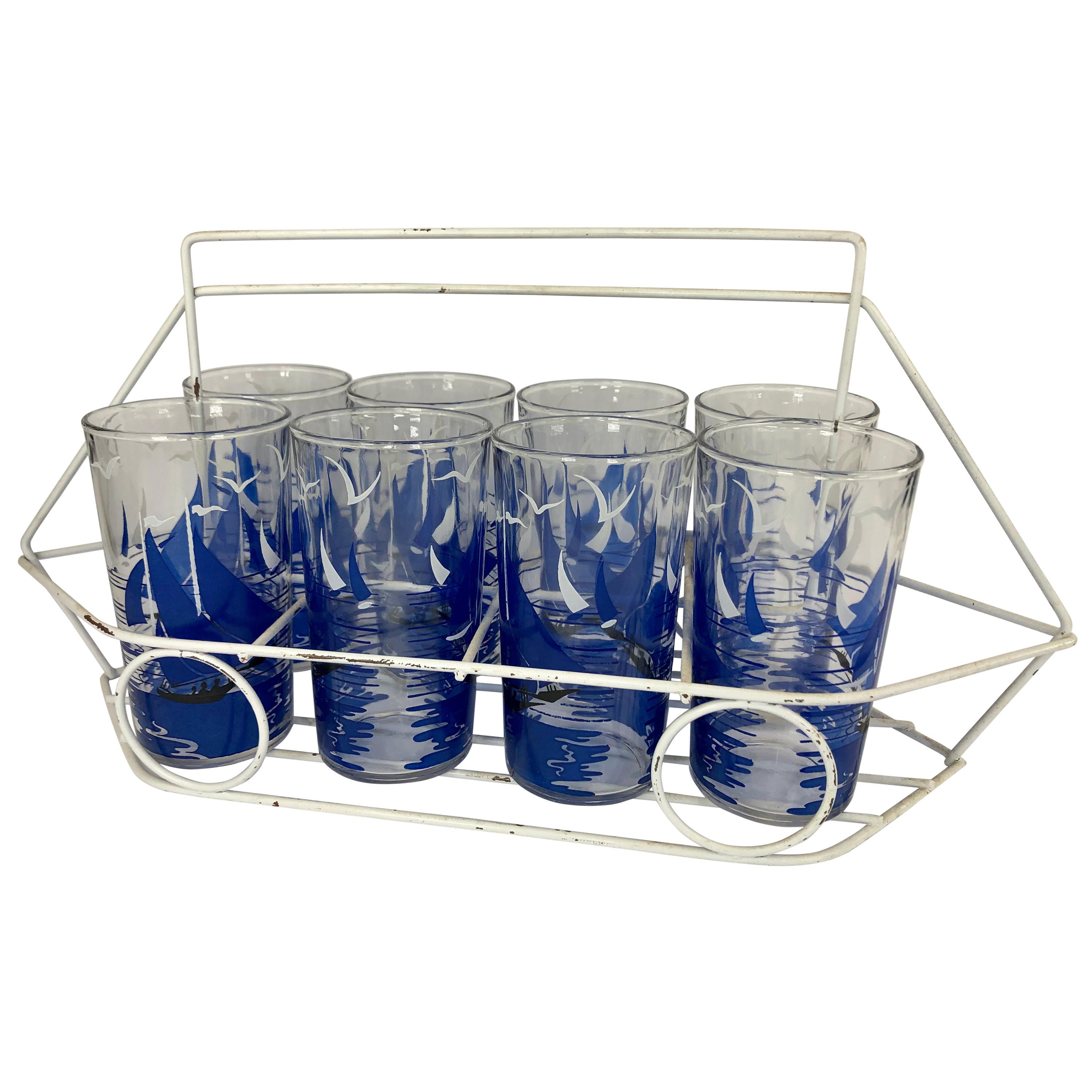 Set of 8 Vintage Mid Century Tumblers With Sailboats in Boat-Shaped Caddy For Sale