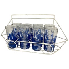 Set of 8 Retro Mid Century Tumblers With Sailboats in Boat-Shaped Caddy