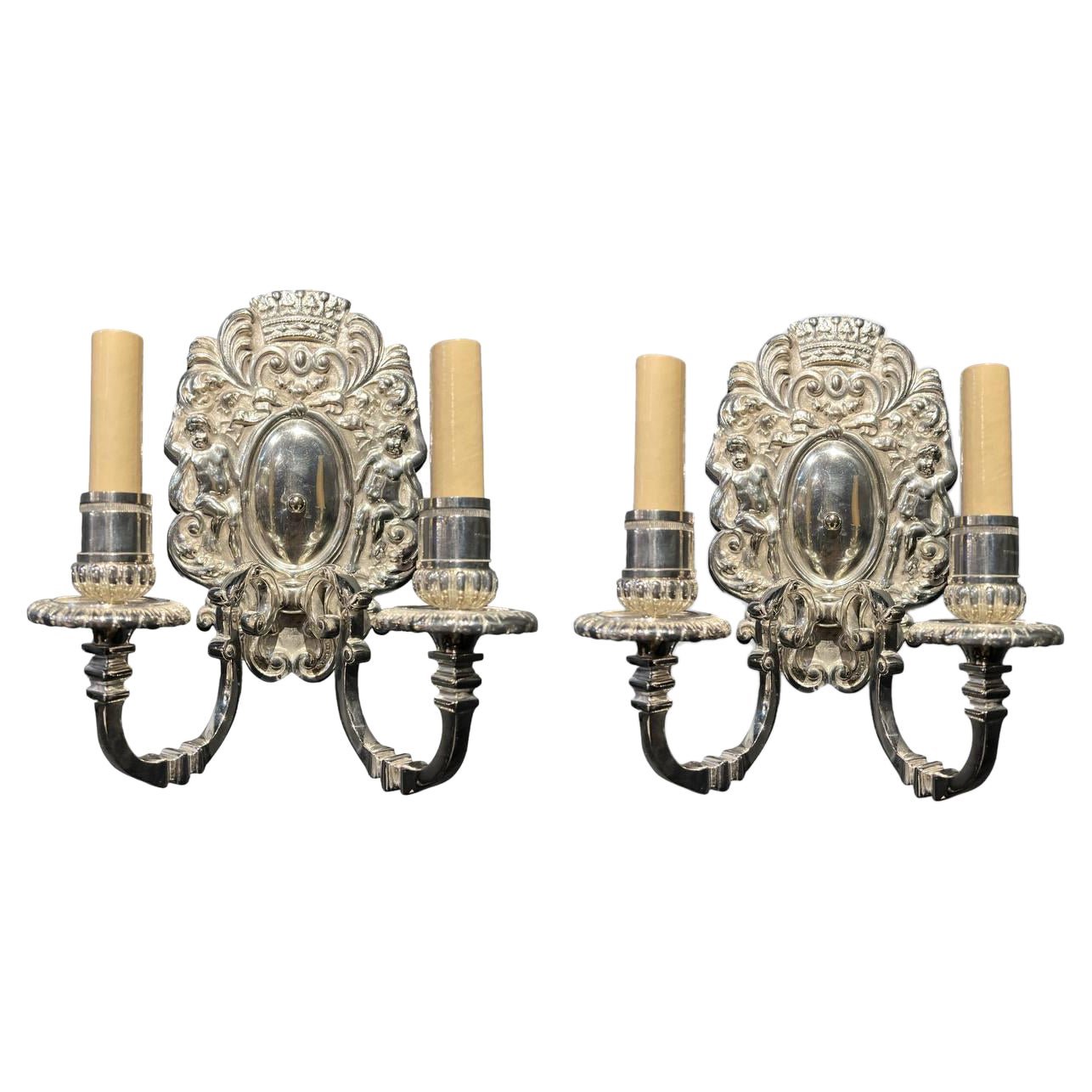 1920s Silver Plated Sconces with cherubs  For Sale