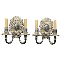 Antique 1920s Silver Plated Sconces with cherubs 
