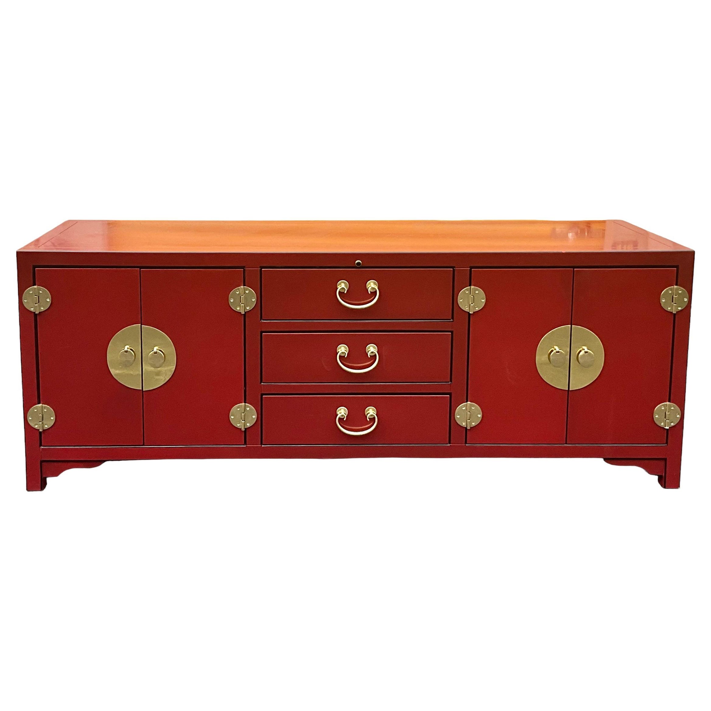 Late 20th-C. Ming Style Red Lacquer & Brass Credenza / Media Cabinet By Sligh 